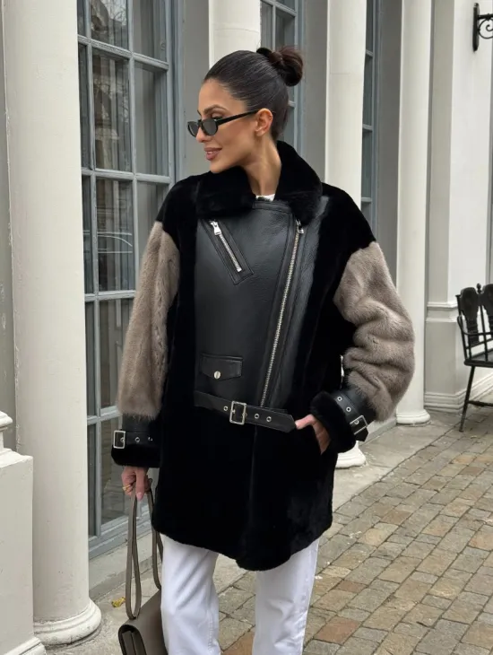 Удлиненная дубленка из натурального мериноса с отделкой из меха норки