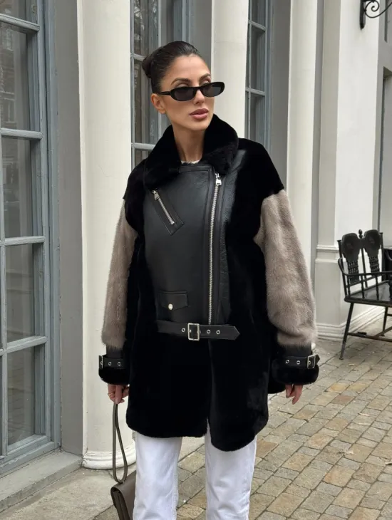 Удлиненная дубленка из натурального мериноса с отделкой из меха норки