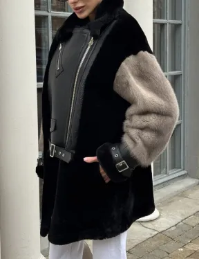 Удлиненная дубленка из натурального мериноса с отделкой из меха норки