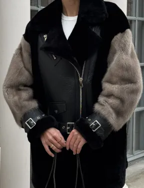 Удлиненная дубленка из натурального мериноса с отделкой из меха норки