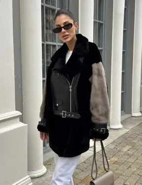 Удлиненная дубленка из натурального мериноса с отделкой из меха норки