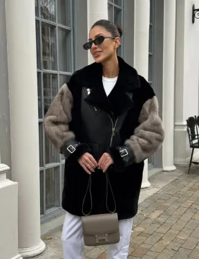 Удлиненная дубленка из натурального мериноса с отделкой из меха норки