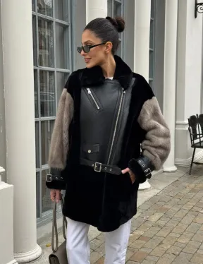 Удлиненная дубленка из натурального мериноса с отделкой из меха норки