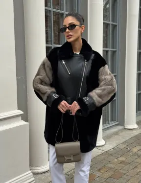 Удлиненная дубленка из натурального мериноса с отделкой из меха норки