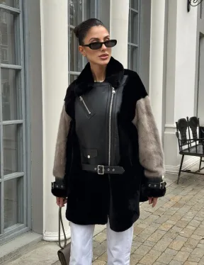 Удлиненная дубленка из натурального мериноса с отделкой из меха норки