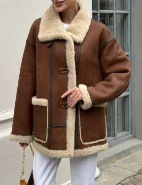 Современная коричневая дубленка из меха кёрли «Casual style»