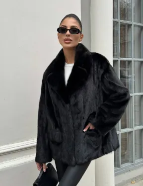 Черная норковая шуба - жакет с английским воротником