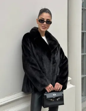 Черная норковая шуба - жакет с английским воротником