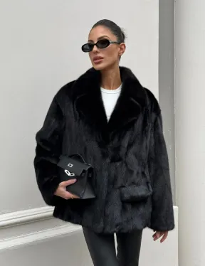 Черная норковая шуба - жакет с английским воротником