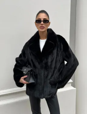 Черная норковая шуба - жакет с английским воротником