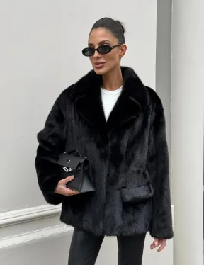 Черная норковая шуба - жакет с английским воротником