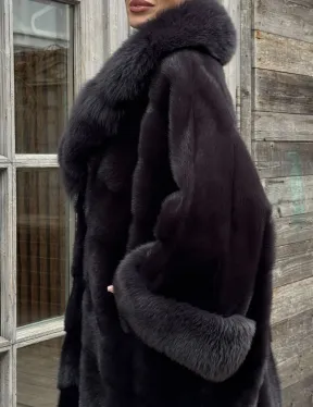 Женская норковая шуба в стиле «Бохо» с отделкой на воротнике и рукавах из меха песца
