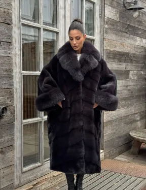 Женская норковая шуба в стиле «Бохо» с отделкой на воротнике и рукавах из меха песца