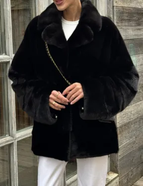Черный короткий полушубок из плюшевой норки VELVET с английским воротником