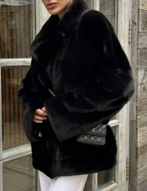Черный короткий полушубок из плюшевой норки VELVET с английским воротником