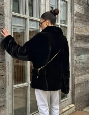 Черный короткий полушубок из плюшевой норки VELVET с английским воротником