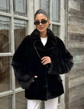 Черный короткий полушубок из плюшевой норки VELVET с английским воротником