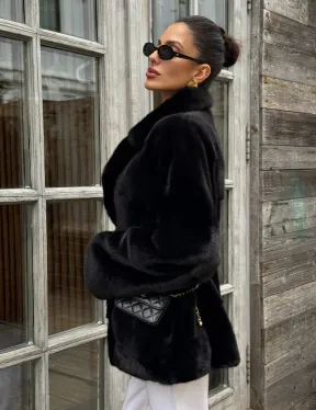 Черный короткий полушубок из плюшевой норки VELVET с английским воротником