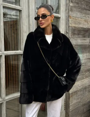 Черный короткий полушубок из плюшевой норки VELVET с английским воротником