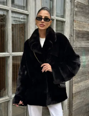 Черный короткий полушубок из плюшевой норки VELVET с английским воротником