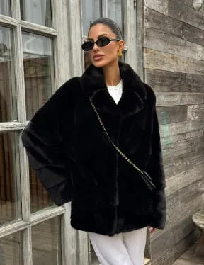 Черный короткий полушубок из плюшевой норки VELVET с английским воротником