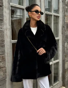 Черный короткий полушубок из плюшевой норки VELVET с английским воротником