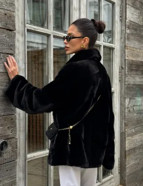 Черный короткий полушубок из плюшевой норки VELVET с английским воротником