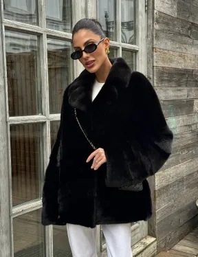 Черный короткий полушубок из плюшевой норки VELVET с английским воротником