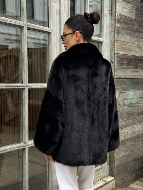 Женский норковый полушубок оверсайз в цвете Black, английский воротник