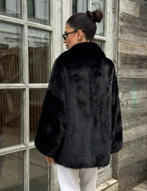 Женский норковый полушубок оверсайз в цвете Black, английский воротник