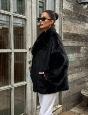 Женский норковый полушубок оверсайз в цвете Black, английский воротник