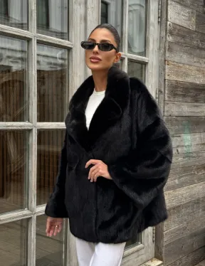 Женский норковый полушубок оверсайз в цвете Black, английский воротник