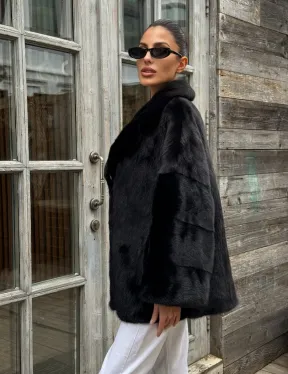 Женский норковый полушубок оверсайз в цвете Black, английский воротник