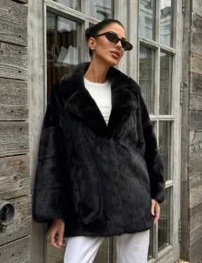 Женский норковый полушубок оверсайз в цвете Black, английский воротник