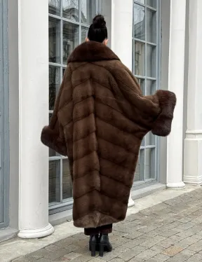 Норковая шуба пальто стиль «Бохо» с воротником и рукавами из меха песца - цвет орех
