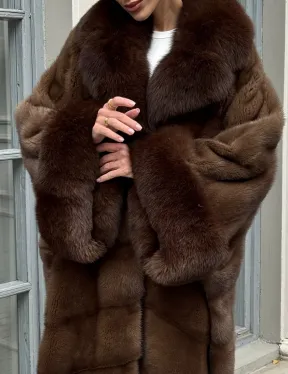Норковая шуба пальто стиль «Бохо» с воротником и рукавами из меха песца - цвет орех