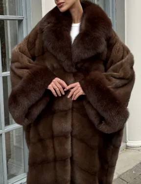 Норковая шуба пальто стиль «Бохо» с воротником и рукавами из меха песца - цвет орех