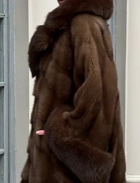 Норковая шуба пальто стиль «Бохо» с воротником и рукавами из меха песца - цвет орех