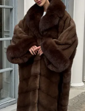 Норковая шуба пальто стиль «Бохо» с воротником и рукавами из меха песца - цвет орех