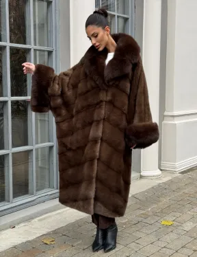 Норковая шуба пальто стиль «Бохо» с воротником и рукавами из меха песца - цвет орех