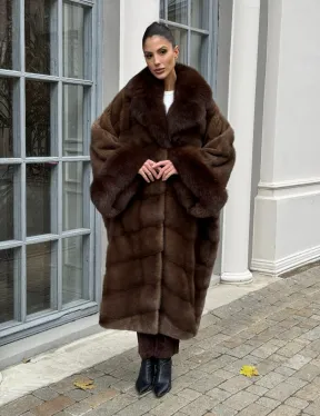 Норковая шуба пальто стиль «Бохо» с воротником и рукавами из меха песца - цвет орех