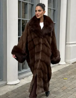 Норковая шуба пальто стиль «Бохо» с воротником и рукавами из меха песца - цвет орех