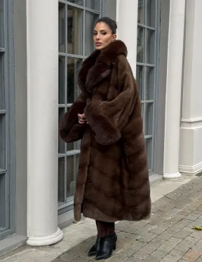 Норковая шуба пальто стиль «Бохо» с воротником и рукавами из меха песца - цвет орех