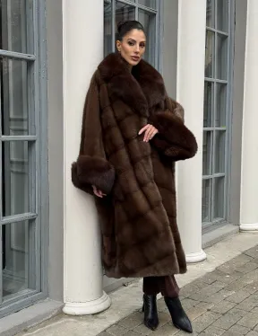 Норковая шуба пальто стиль «Бохо» с воротником и рукавами из меха песца - цвет орех