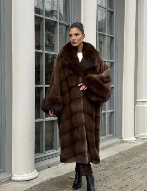 Норковая шуба пальто стиль «Бохо» с воротником и рукавами из меха песца - цвет орех