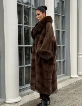 Норковая шуба пальто стиль «Бохо» с воротником и рукавами из меха песца - цвет орех