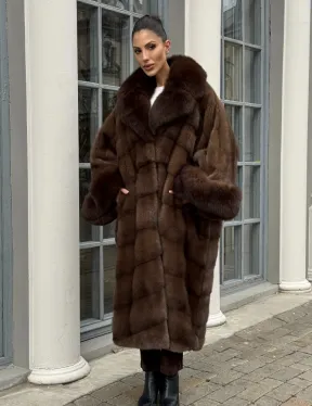 Норковая шуба пальто стиль «Бохо» с воротником и рукавами из меха песца - цвет орех