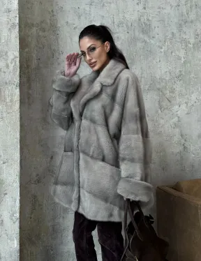 Меховое полупальто из аукционной серо-голубой норки с английским воротником