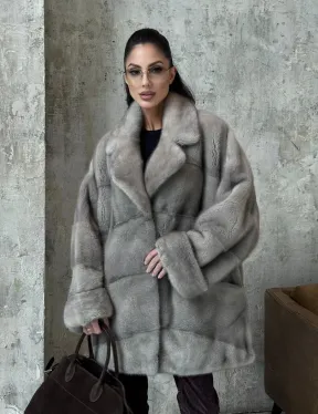 Меховое полупальто из аукционной серо-голубой норки с английским воротником