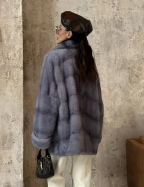 Натуральный полушубок из меха норки с английским воротником в цвете топаз